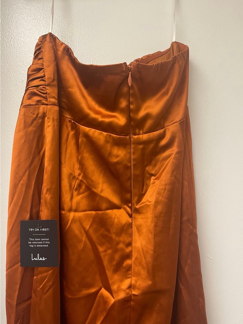 Memorable Entrance Rust Orange Strapless Satin Dress - Picture 6 of 7
